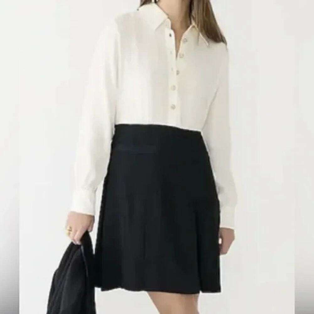 J Crew Button Front Crepe Shirt Dress Size 14 Black Ivory Pockets Preppy Career